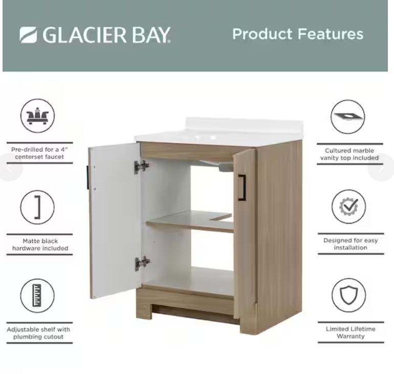 Oakley 25 in. Single Sink Beige Oak Freestanding Bath Vanity with White Cultured Marble Top (Assembled)