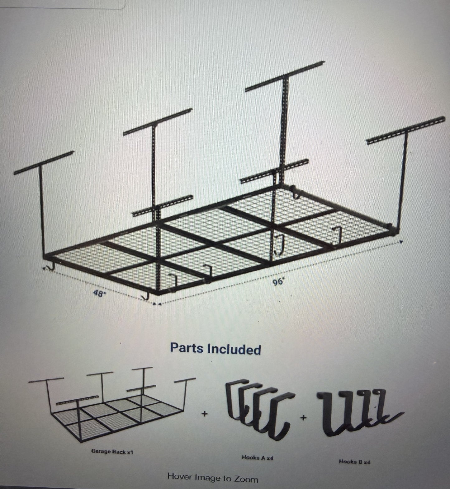 Garage Rack OHK Series 48 in. W x 96 in. D x 22-40 in. H Ceiling Mounted Overhead Garage Storage Rack with Accessory Hooks in Black