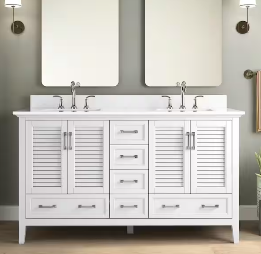 Dennick 60 in. Double Sink White Bath Vanity with White Engineered Stone Top (Assembled)
