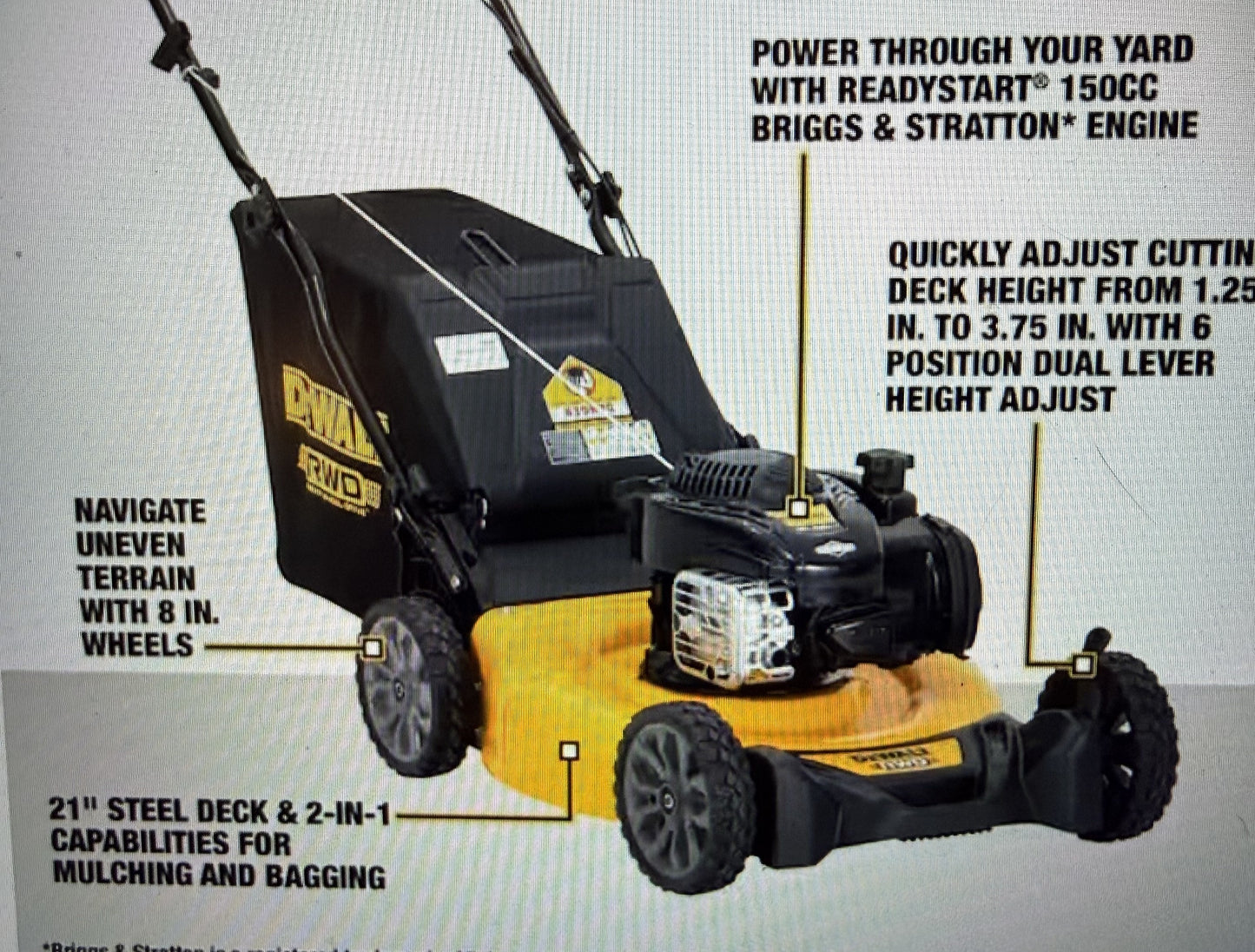 DEWALT 21 in. 150cc Briggs and Stratton 625ex Engine Rear Wheel Drive 2-in-1 Gas Self Propelled Walk Behind Lawn Mower