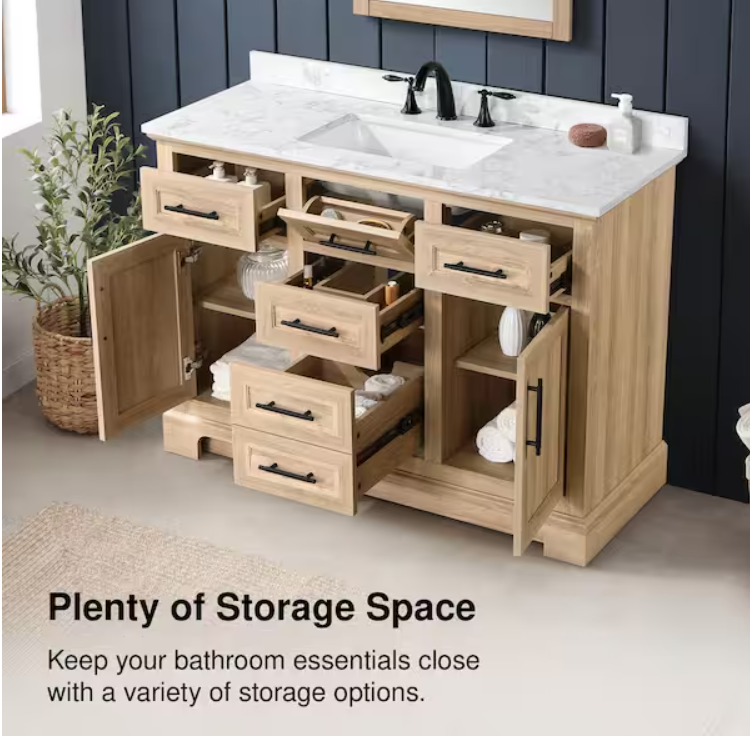 Doveton 48 in. Single Sink Freestanding Weathered Tan Bath Vanity with White Engineered Marble Top (Assembled)