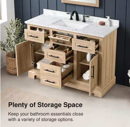 Doveton 48 in. Single Sink Freestanding Weathered Tan Bath Vanity with White Engineered Marble Top (Assembled)