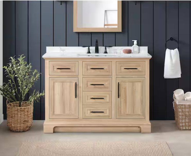 Doveton 48 in. Single Sink Freestanding Weathered Tan Bath Vanity with White Engineered Marble Top (Assembled)