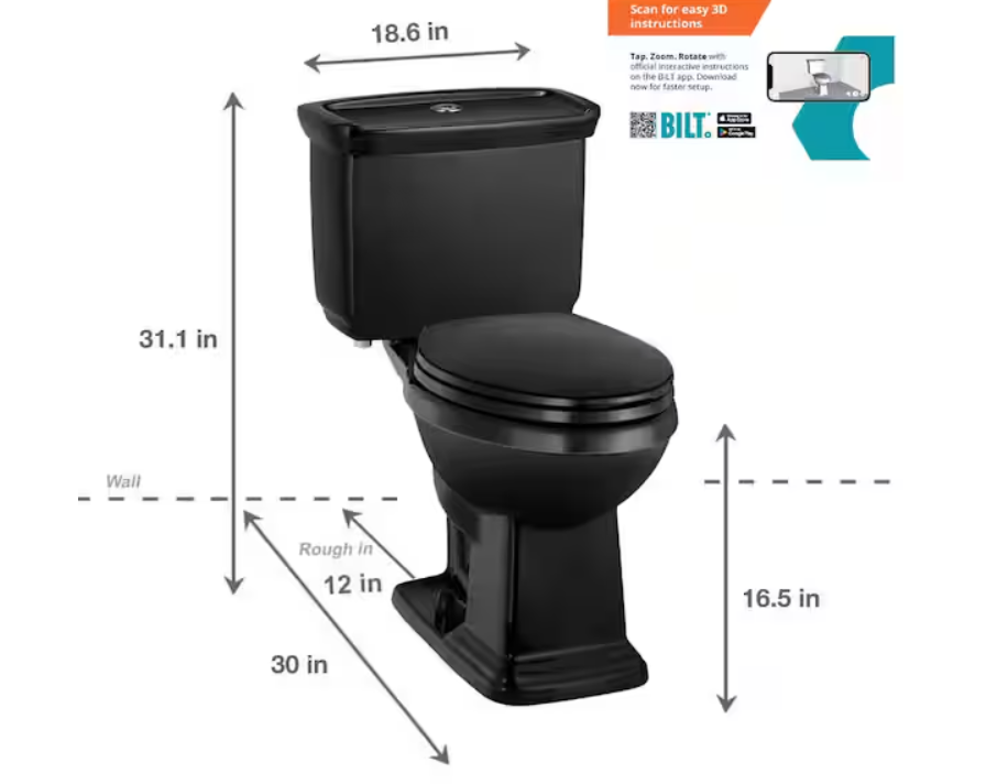 Glacier Bay Newcastle 12 in. Rough In Two-Piece 1.0 GPF/1.28 GPF Dual Flush Elongated Toilet in Black Seat Included
