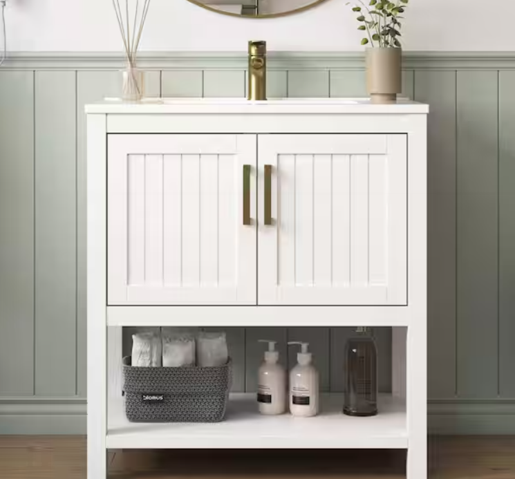 Magi 31 in. Single Sink Bath Vanity in White with White Engineered Solid Surface Top, Open Shelf and Cabinet