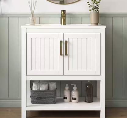 Magi 31 in. Single Sink Bath Vanity in White with White Engineered Solid Surface Top, Open Shelf and Cabinet