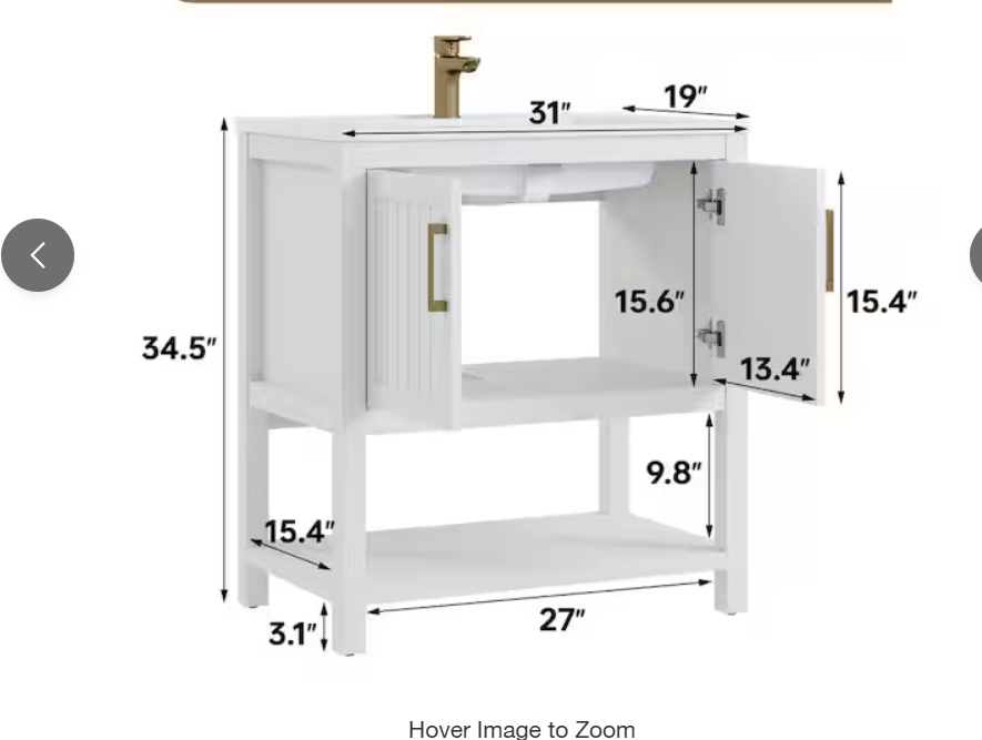 Magi 31 in. Single Sink Bath Vanity in White with White Engineered Solid Surface Top, Open Shelf and Cabinet