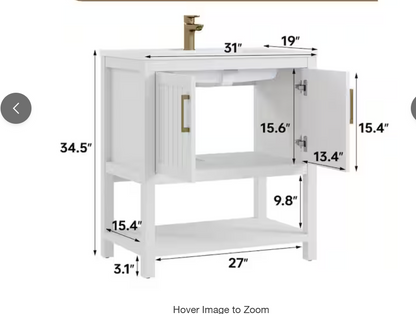 Magi 31 in. Single Sink Bath Vanity in White with White Engineered Solid Surface Top, Open Shelf and Cabinet