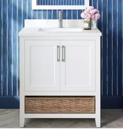 Newhall 30 in. Single Sink Freestanding White Bath Vanity with White Engineered Marble Top (Assembled)