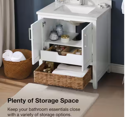 Newhall 30 in. Single Sink Freestanding White Bath Vanity with White Engineered Marble Top (Assembled)