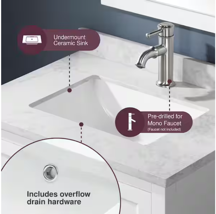 Newhall 30 in. Single Sink Freestanding White Bath Vanity with White Engineered Marble Top (Assembled)