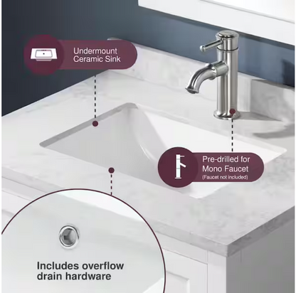 Newhall 30 in. Single Sink Freestanding White Bath Vanity with White Engineered Marble Top (Assembled)