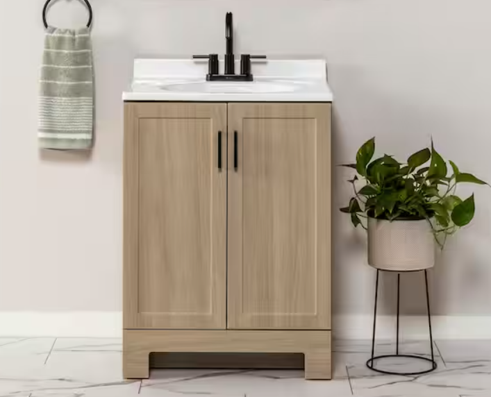 Oakley 25 in. Single Sink Beige Oak Freestanding Bath Vanity with White Cultured Marble Top (Assembled)