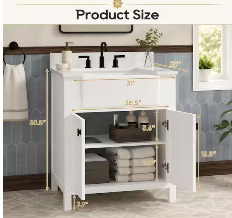 Richfield 31 in. Single Sink Freestanding White Bath Vanity with White Engineered Stone Top and Backsplash Assembled