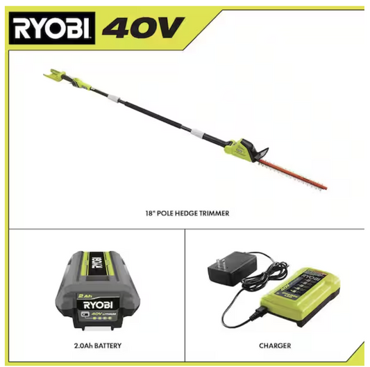 RYOBI 40V 18 in. Cordless Battery Pole Hedge Trimmer with 2.0 Ah Battery and Charger