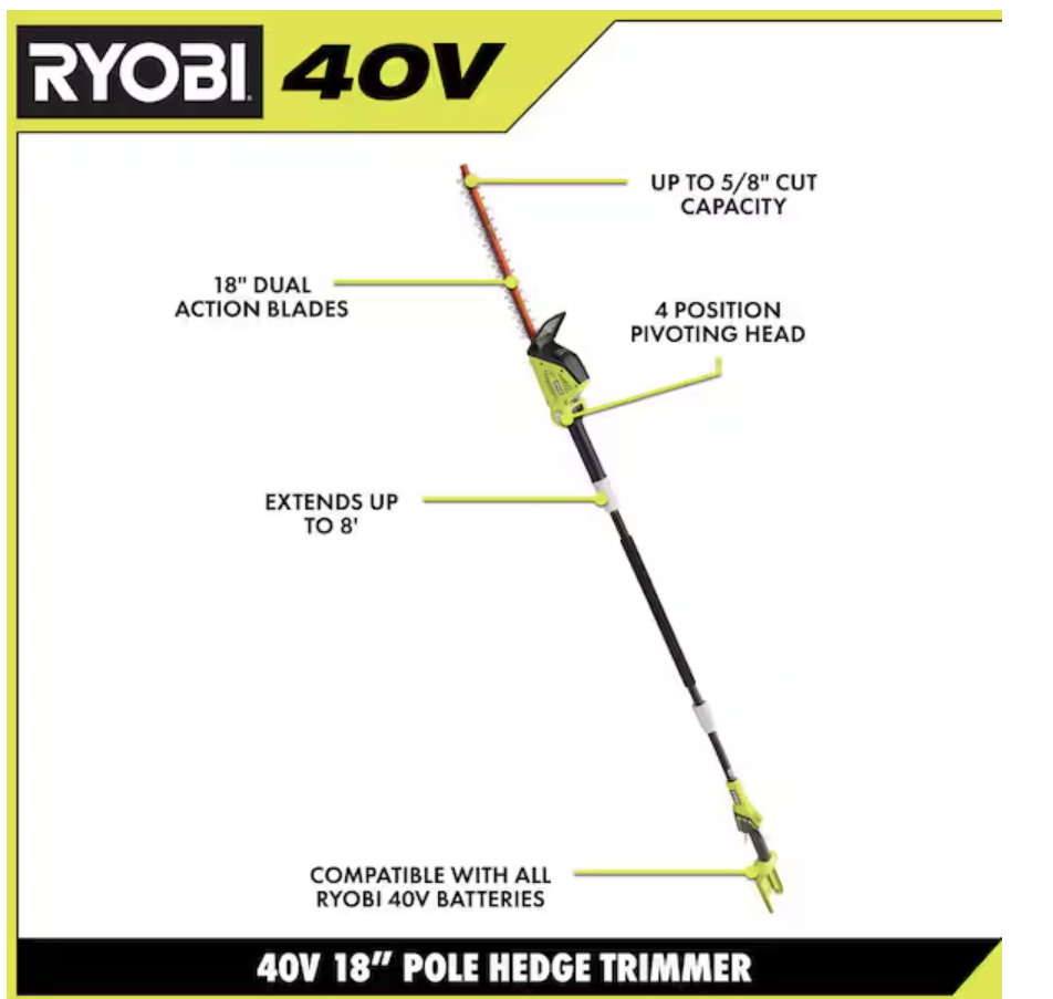 RYOBI 40V 18 in. Cordless Battery Pole Hedge Trimmer with 2.0 Ah Battery and Charger