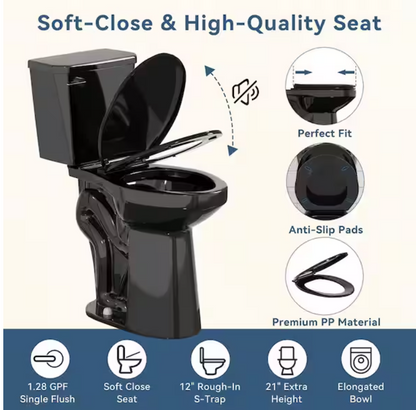 Simple Project 21 in 2-Piece High Toilets for Seniors, 1.28 GPF Single Flush Elongated Toilet with Soft Close Cover in Black