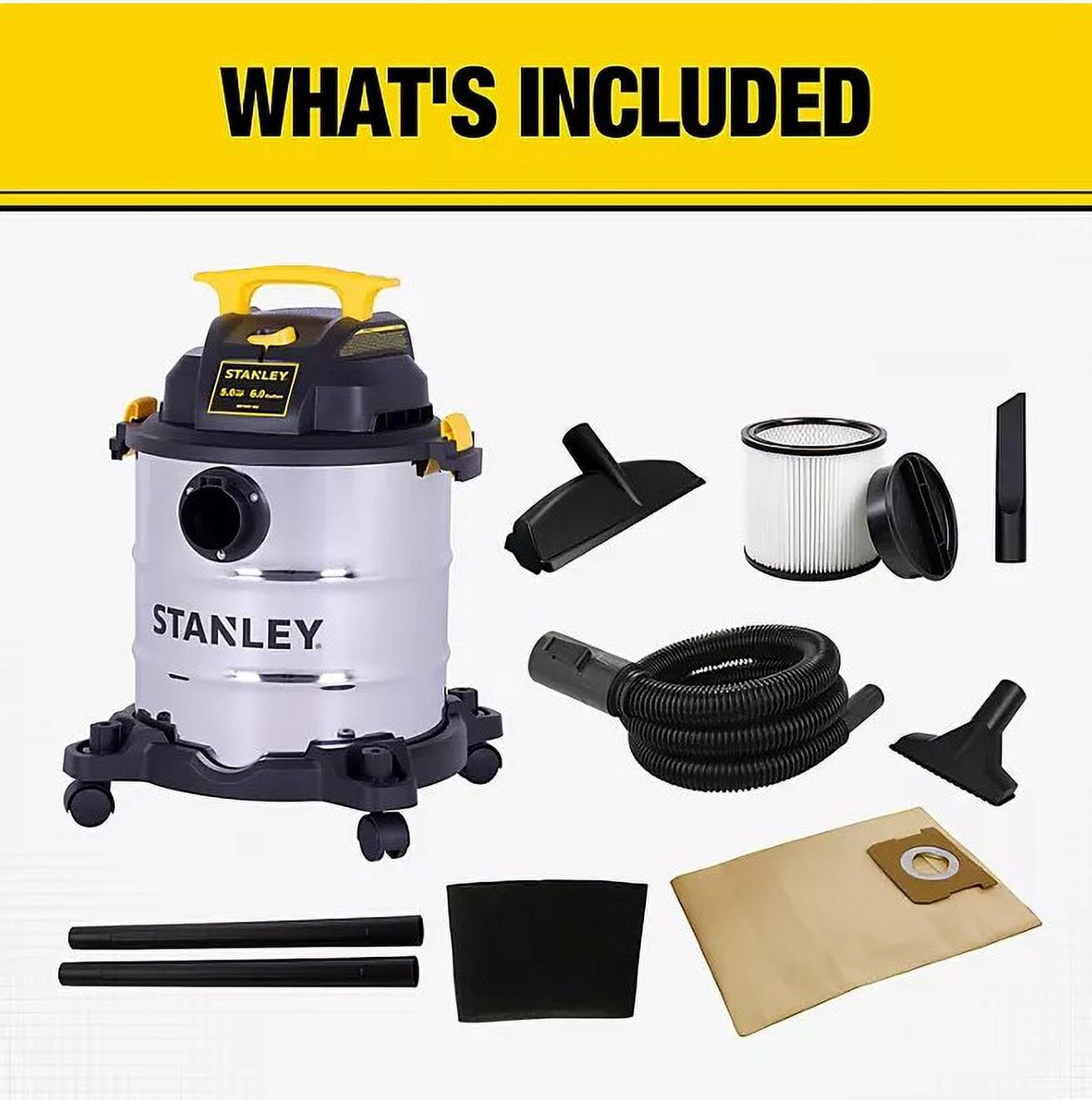 Stanley 6 Gallon Wet/Dry Vacuum 5.0- Peak HP Stainless Steel