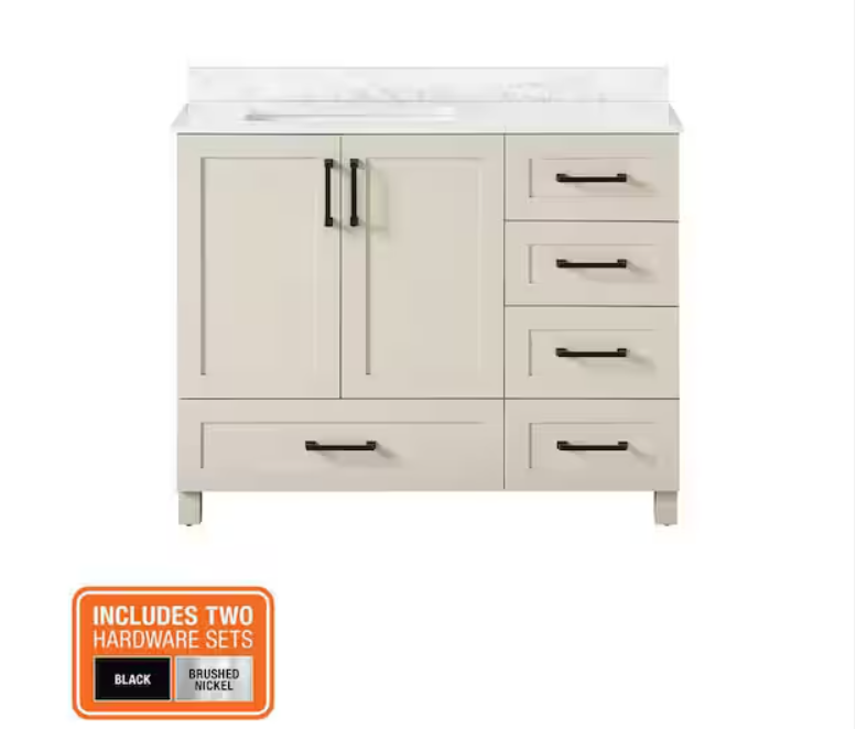Glacier Bay Tobana 42 in. Single Sink Freestanding Beige Bath Vanity with White Engineered Marble Top (Assembled)