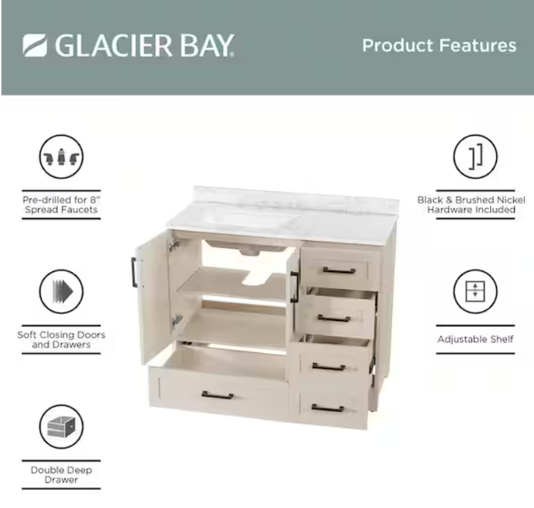 Glacier Bay Tobana 42 in. Single Sink Freestanding Beige Bath Vanity with White Engineered Marble Top (Assembled)