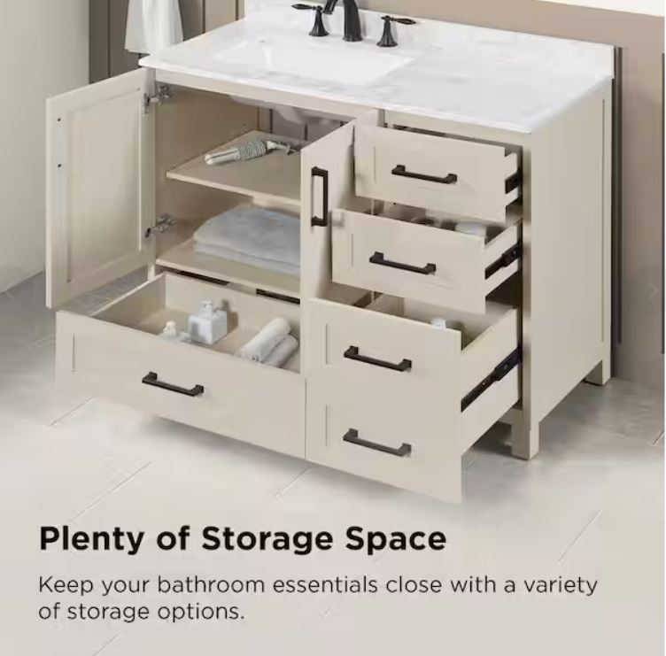 Glacier Bay Tobana 42 in. Single Sink Freestanding Beige Bath Vanity with White Engineered Marble Top (Assembled)